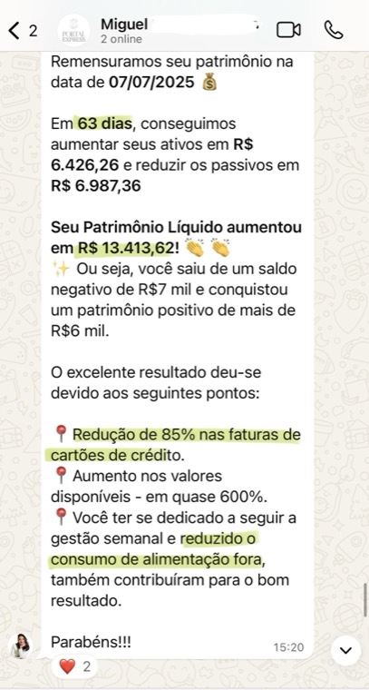 Print de acompanhamento: patrimônio líquido aumentou R$ 13.413,62 em 63 dias, saindo de saldo negativo de R$ 7 mil pra positivo de R$ 6 mil.