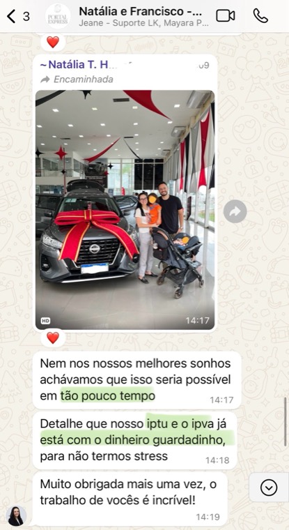 Print de depoimento: casal comprou carro novo e já deixou o IPTU e o IPVA do ano guardados, resultado do método.